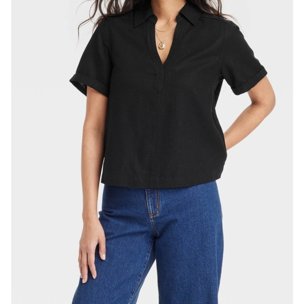 Universal Thread Womens Black Linen Blend V-Neck Short Sleeve Blouse Top Medium